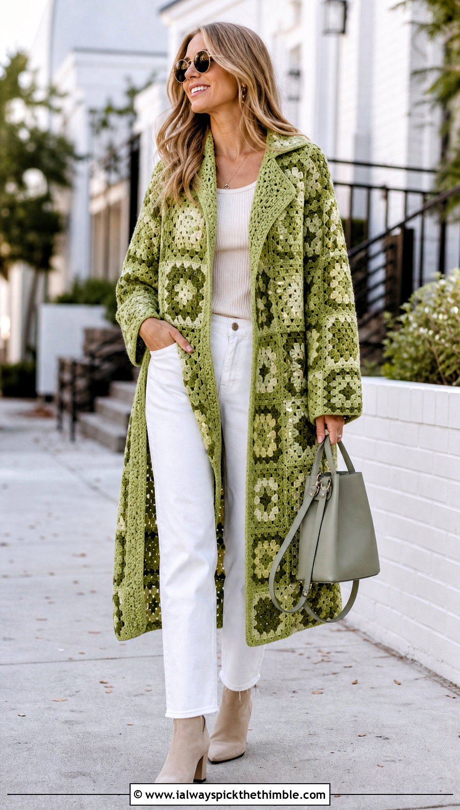 Monochrome Granny Square Coat With White Jeans - 20 crochet granny square coat outfit ideas