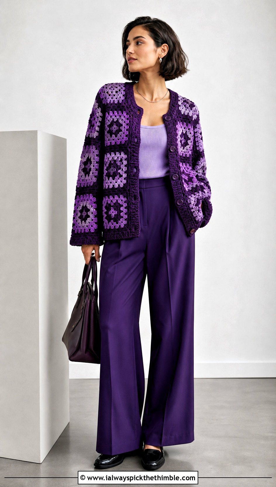 Monochrome Granny Square Crochet Cardigan With Matching Trousers - 20 Grant Square Crochet Cardigan outfit ideas