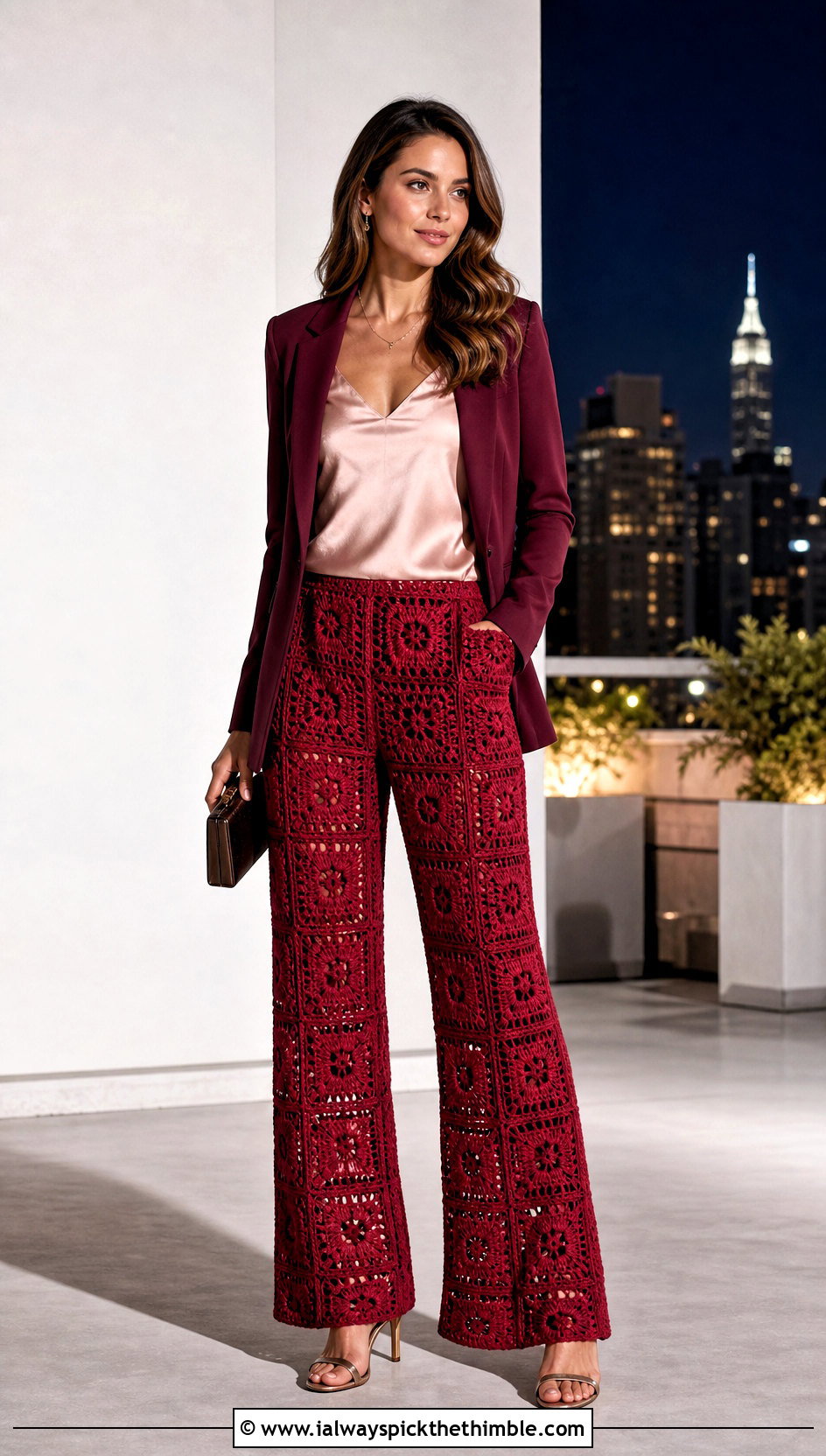 Monochrome Granny Square Crochet Pants With Satin Camisole And Heels - 20 Granny Square Crochet Pants outfit ideas