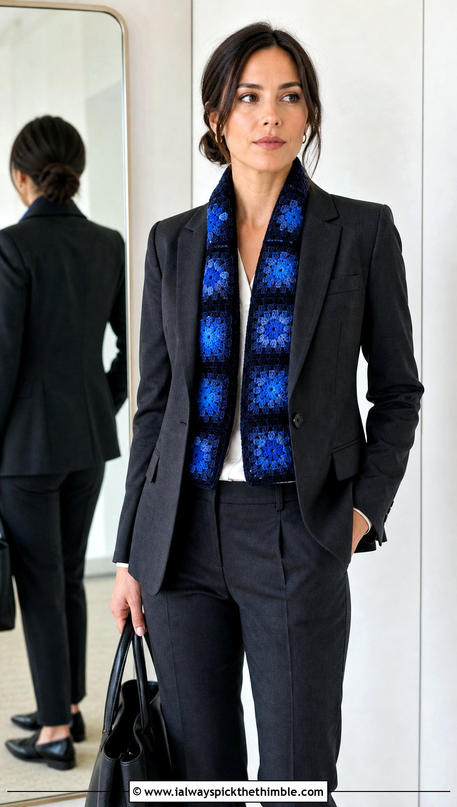 Monochrome Granny Square Crochet Scarf With Office Suit - 25 granny square crochet scarf outfit ideas