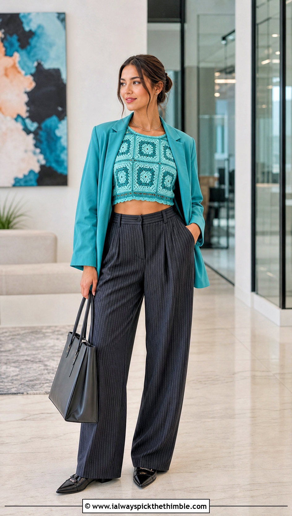 Monochrome Granny Square Crop Top With Pinstripe Trousers - 20 granny square crop top outfit ideas