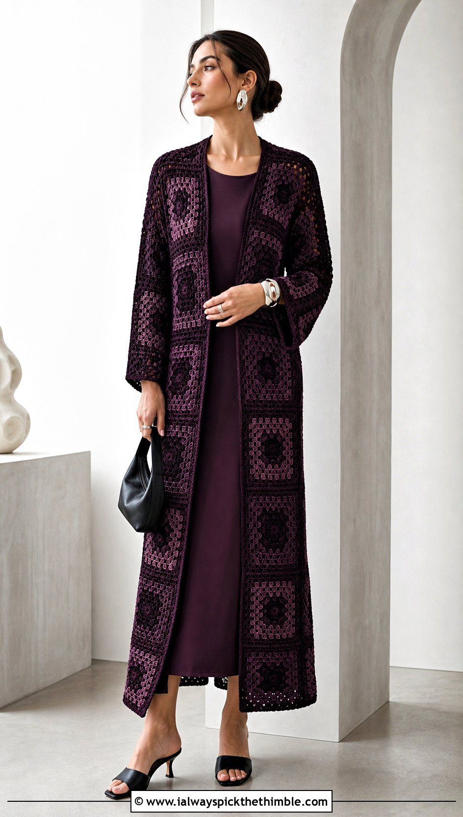 Monochrome Granny Square Duster With Column Dress - 25 granny square duster outfit ideas