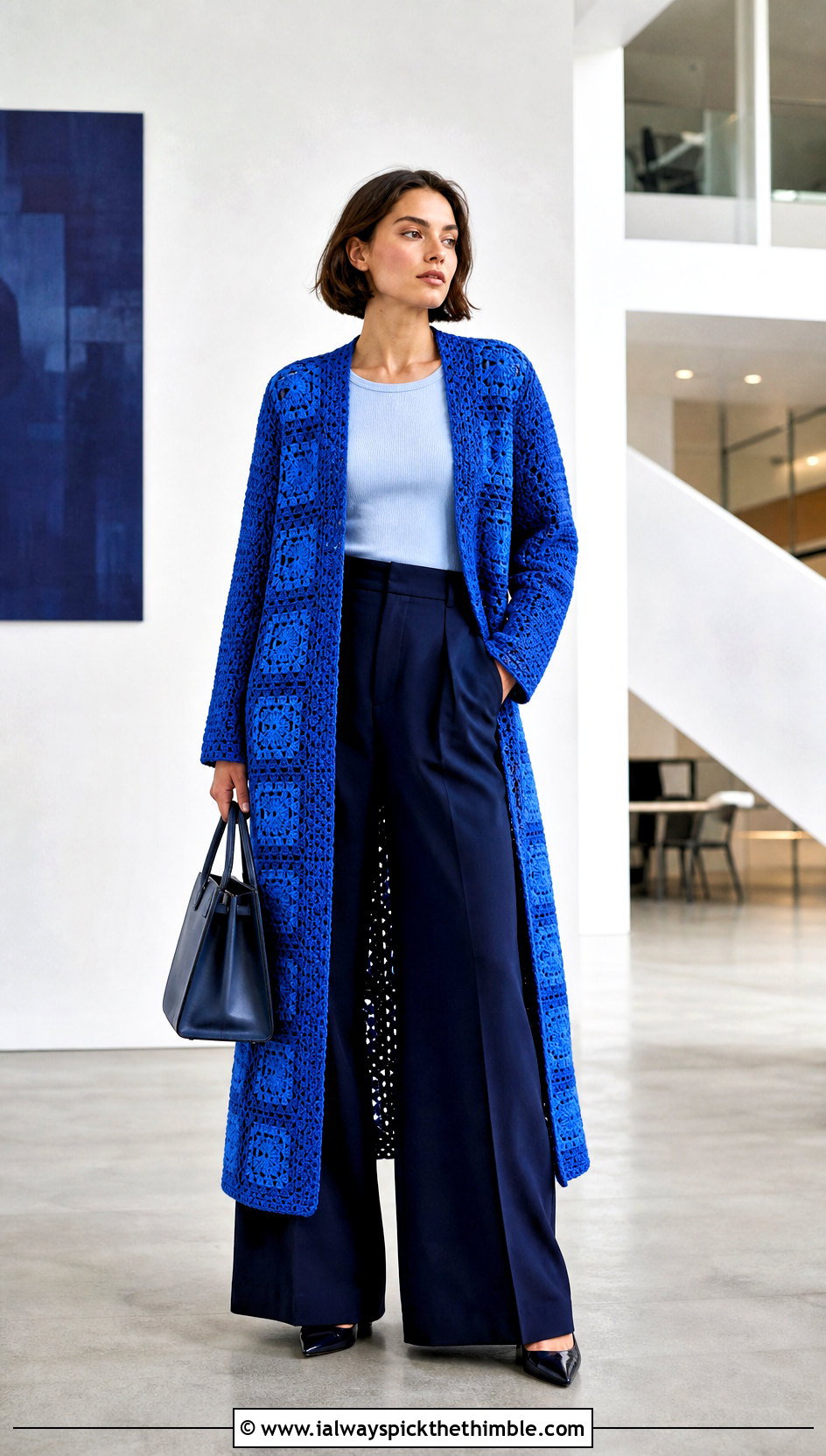 Monochrome Granny Square Duster With Wide Leg Suit Pants - 20 Crochet Granny Square Duster outfit ideas