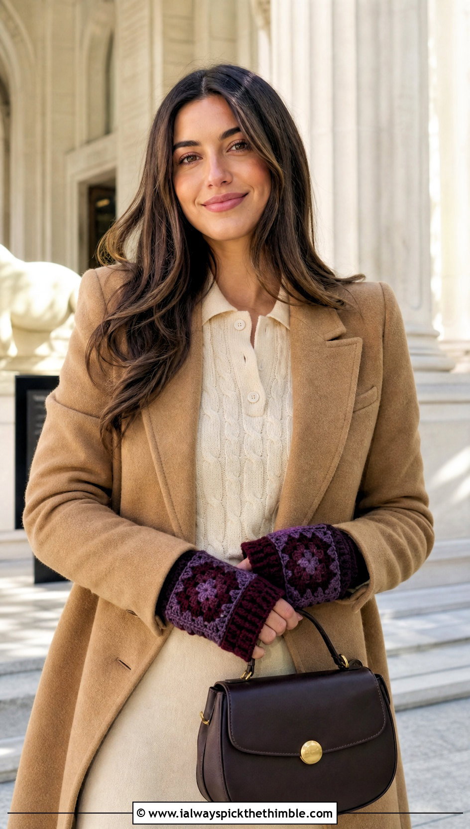 Monochrome Granny Square Gloves With Old Money Outfit - 20 Fingerless Granny Square Gloves outfit ideas