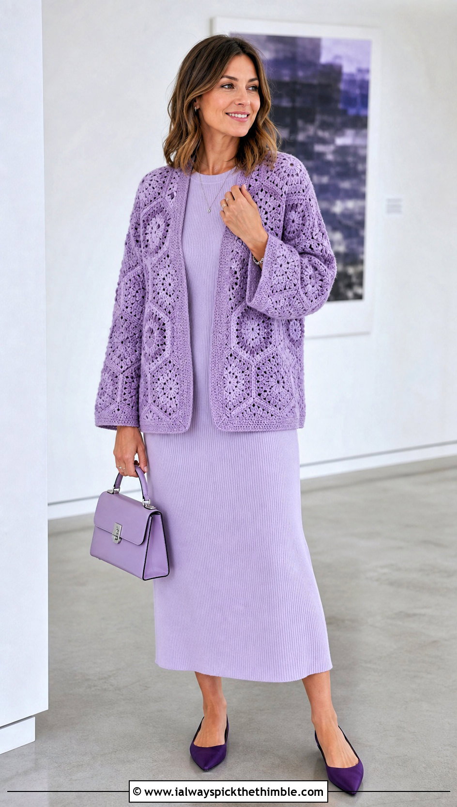 Monochrome Granny Square Hexagon Cardigan With Knit Dress - 25 granny square hexagon cardigan outfit ideas