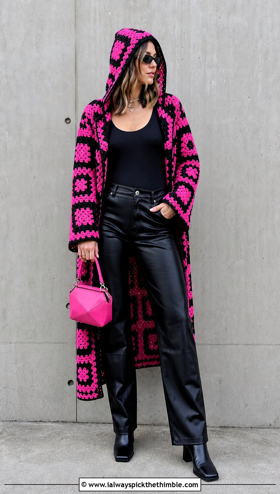 Monochrome Granny Square Hooded Cardigan With Leather Pants - 20 Granny Square Hooded Cardigan outfit ideas