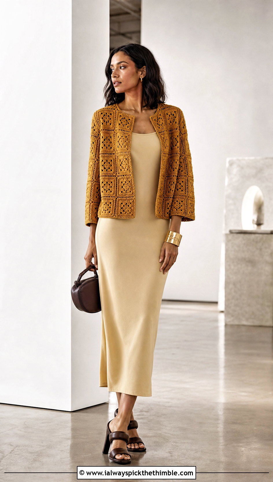Monochrome Granny Square Jacket With Column Dress - 25 granny square jacket outfit ideas