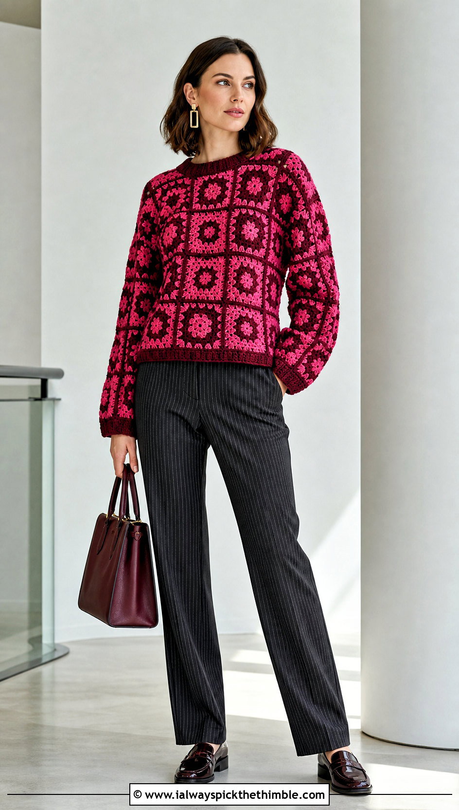 Monochrome Granny Square Jumper With Pinstripe Pants - 20 crochet square jumper outfit ideas