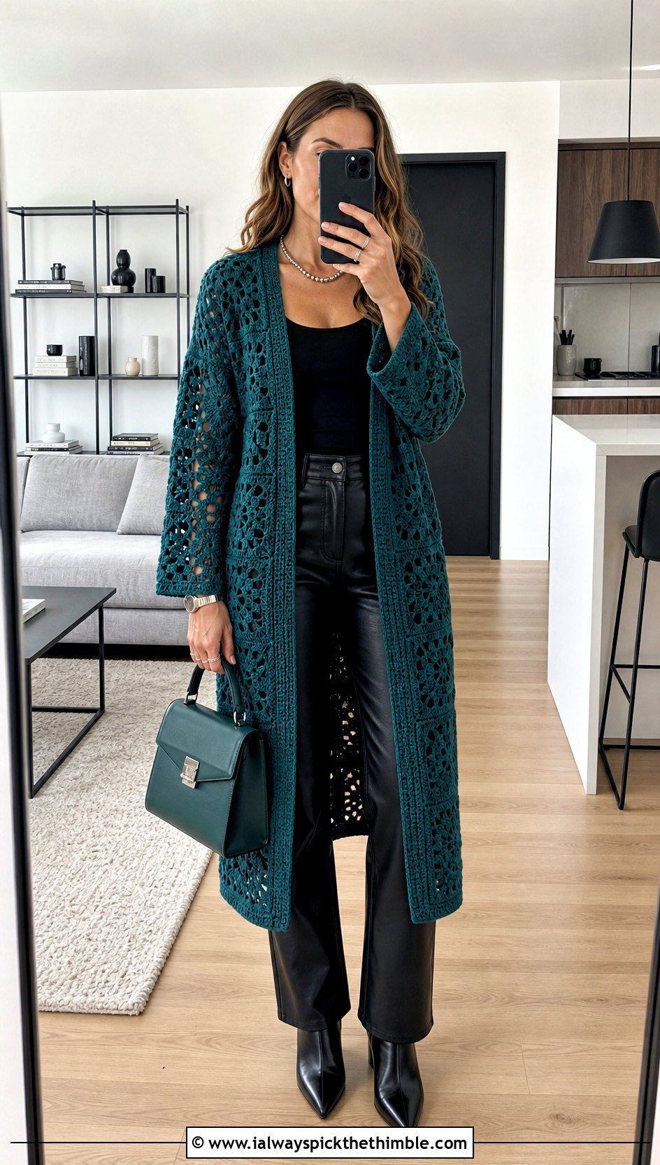 Monochrome Granny Square Long Cardigan With Leather Pants - 20 crochet granny square long cardigan outfit ideas