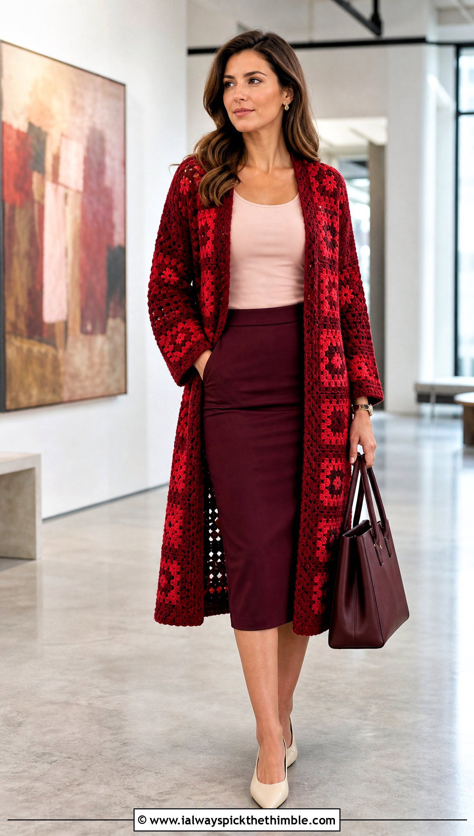 Monochrome Granny Square Long Cardigan With Pencil Skirt - 25 long granny square cardigan outfit ideas