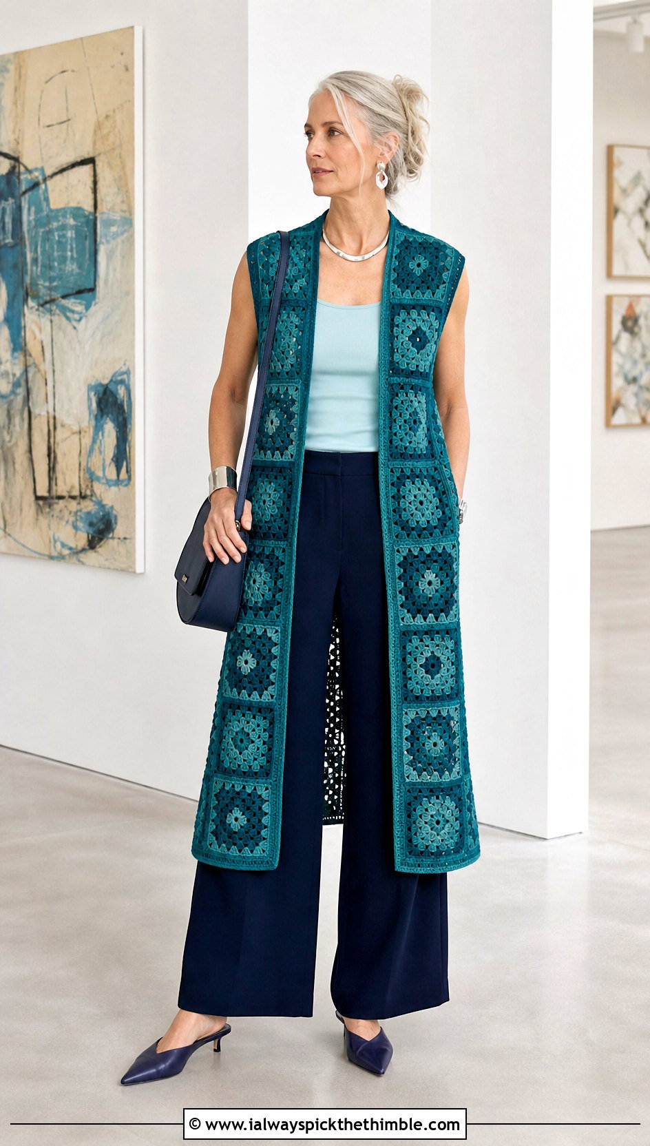 Monochrome Granny Square Long Vest With Tank And Wide Leg Pants - 20 Granny Square Long Vest outfit ideas