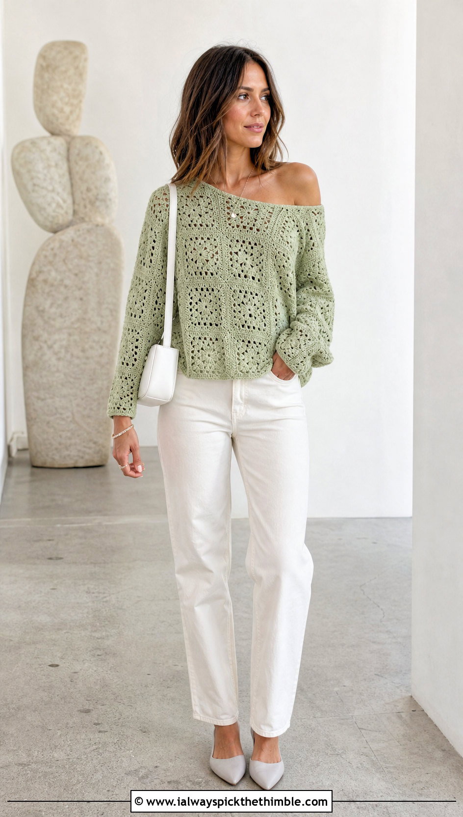 Monochrome Granny Square Off The Shoulder Sweater With White Jeans - 20 granny square off the shoulder sweater outfit ideas