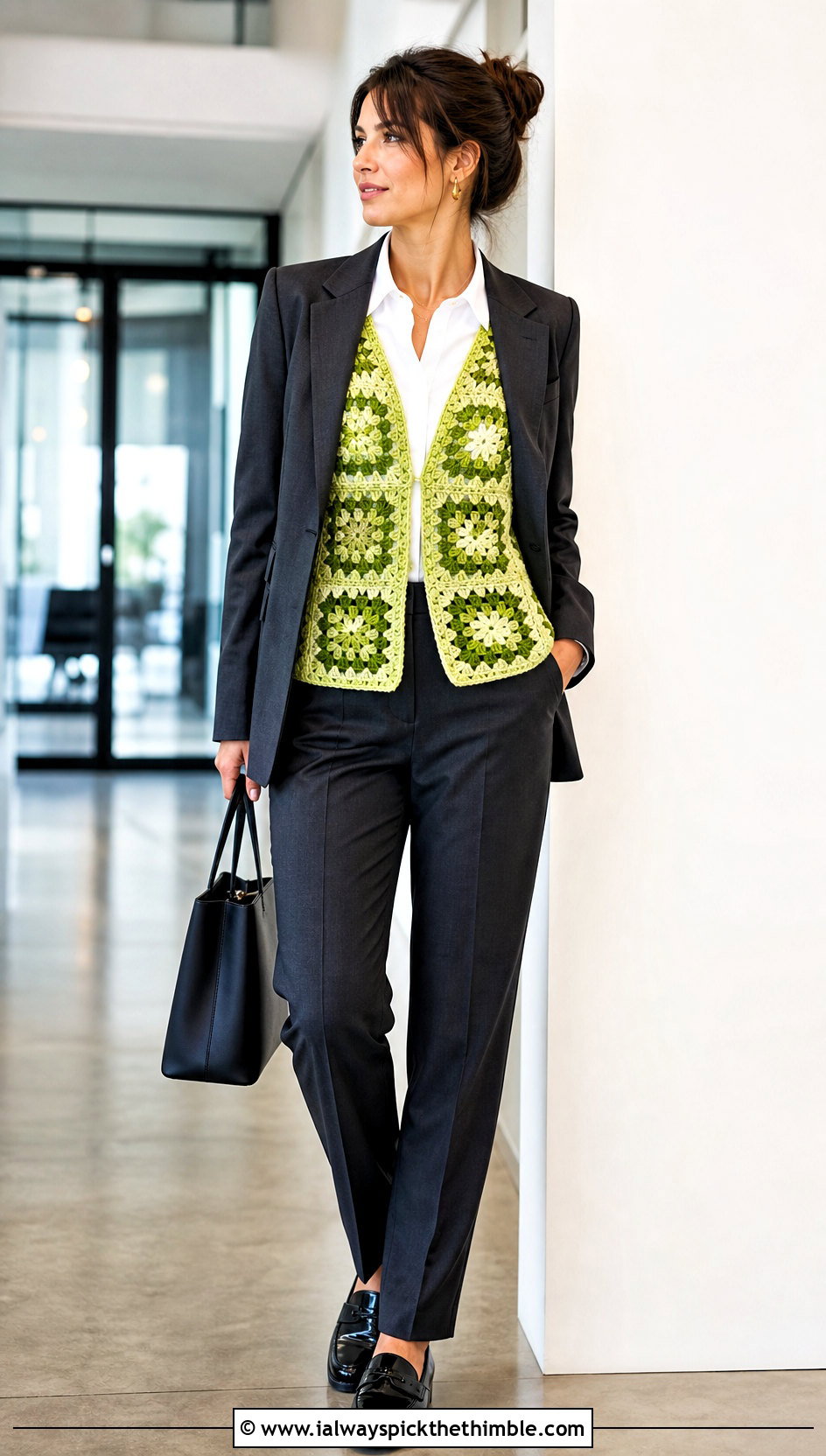 Monochrome Granny Square Open Vest With Tailored Suit - 20 granny square open vest outfit ideas