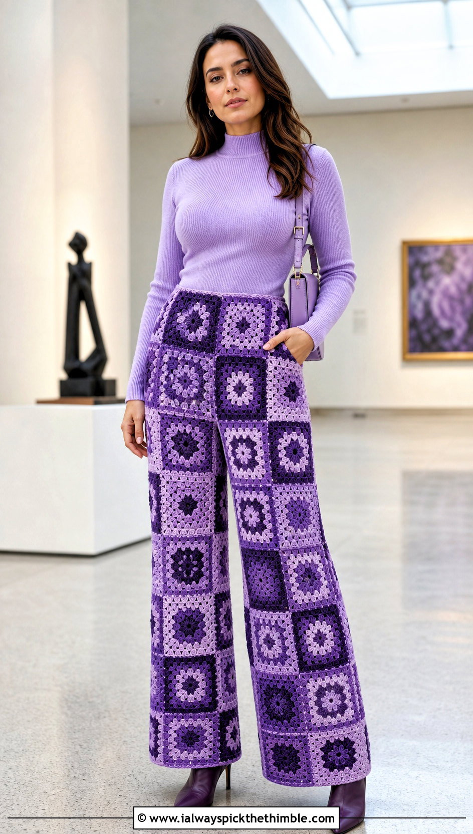 Monochrome Granny Square Pants With Matching Knit Top - 25 crochet granny square pants outfit ideas