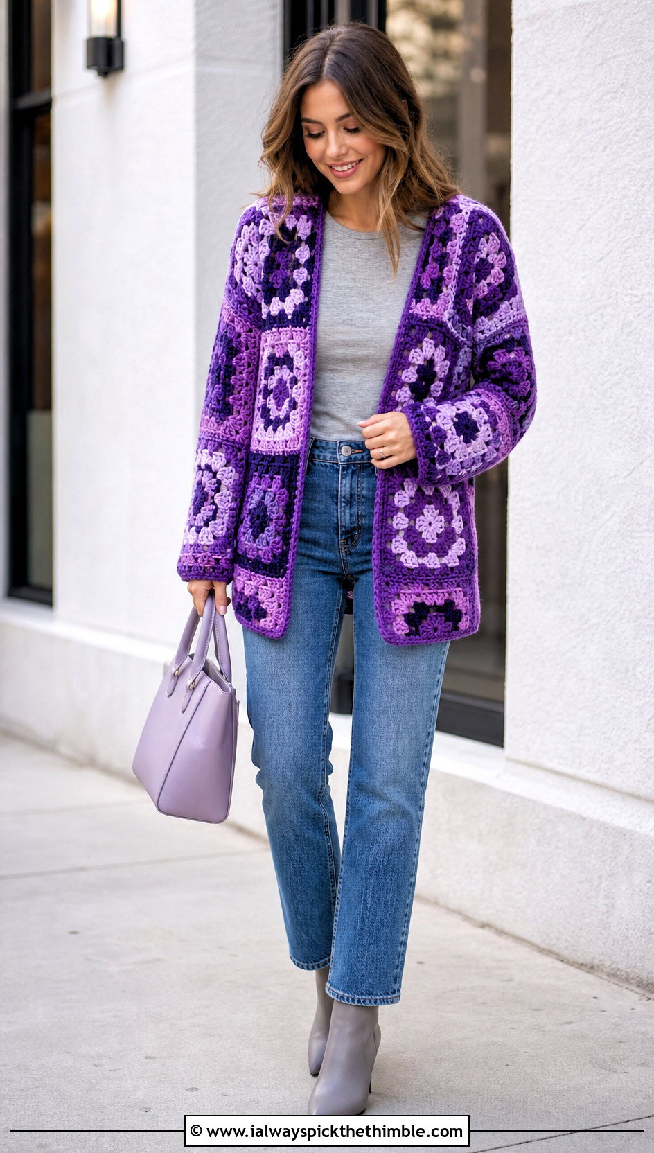 Monochrome Granny Square Patchwork Cardigan With Straight Leg Jeans - 20 Granny Square Patchwork Cardigan outfit ideas