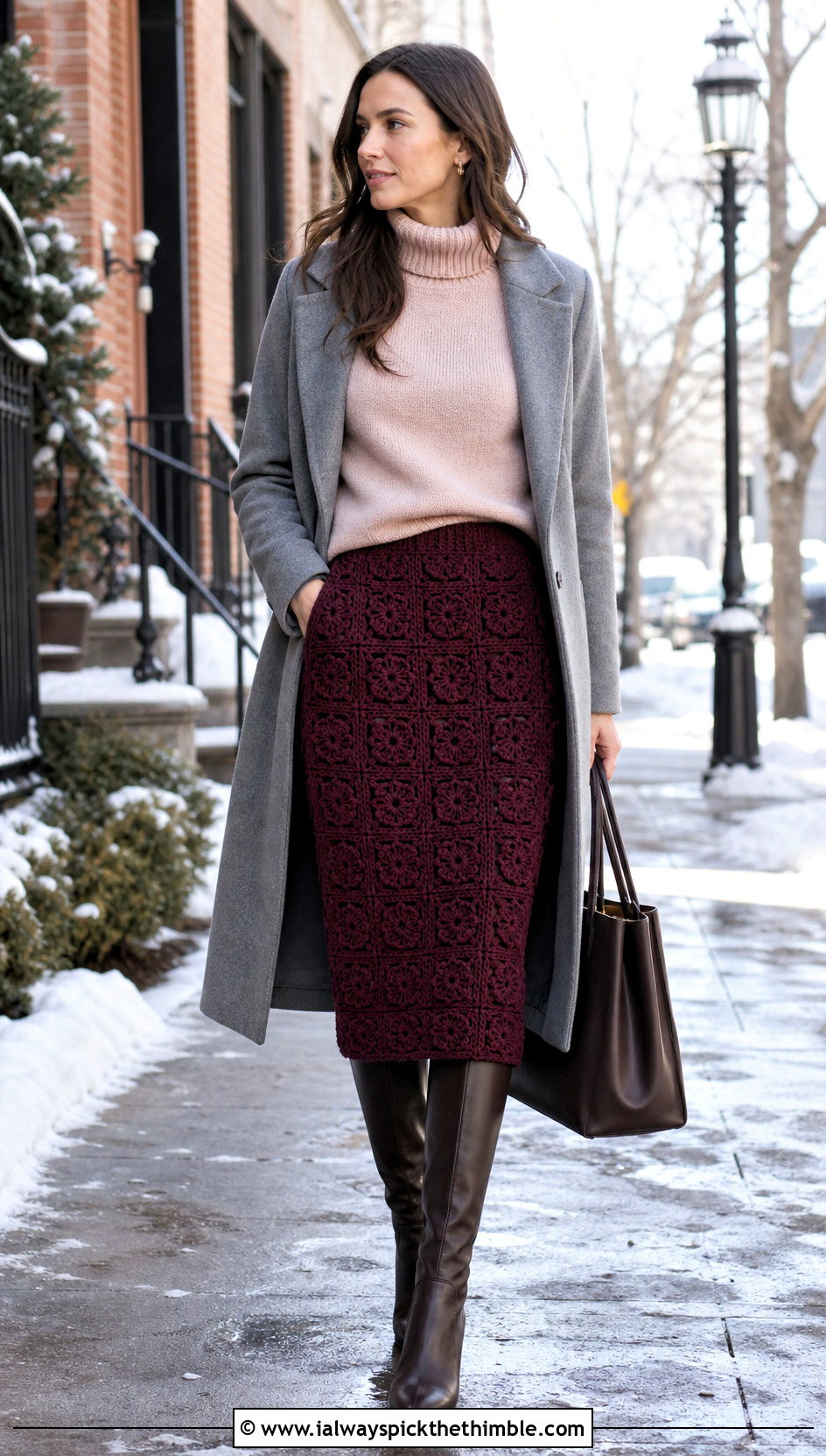 Monochrome Granny Square Pencil Skirt With Sweater And Knee High Boots - 25 crochet granny skirt outfit ideas