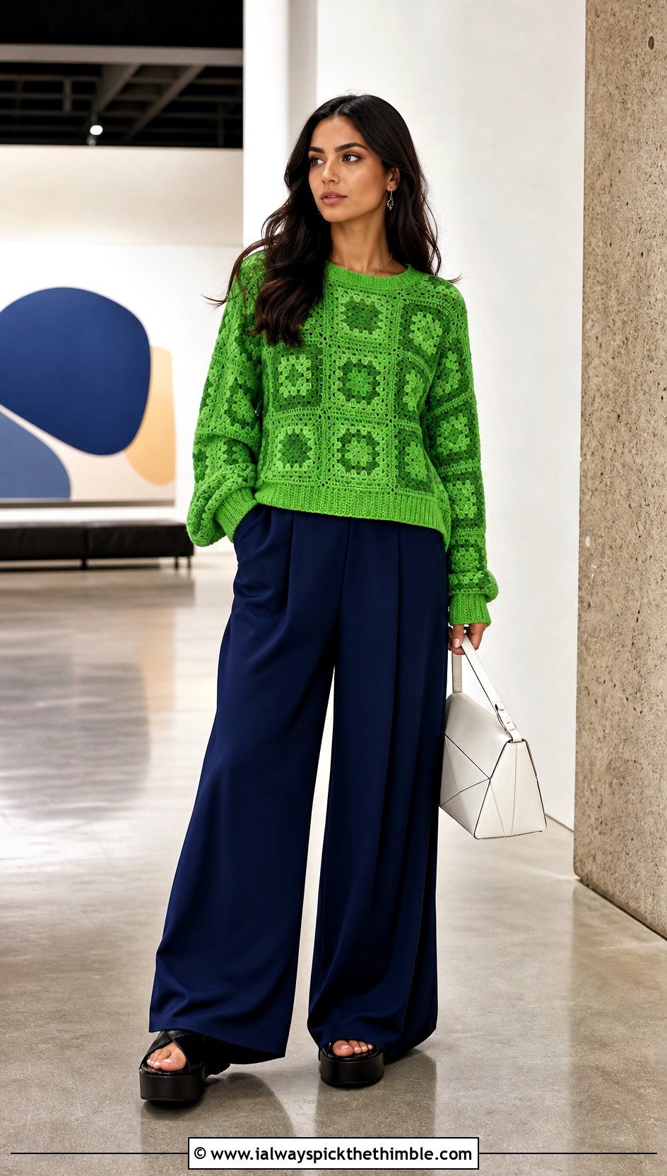 Monochrome Granny Square Pullover Sweater With Palazzo Pants - 25 Granny Square Pullover Sweater outfit ideas