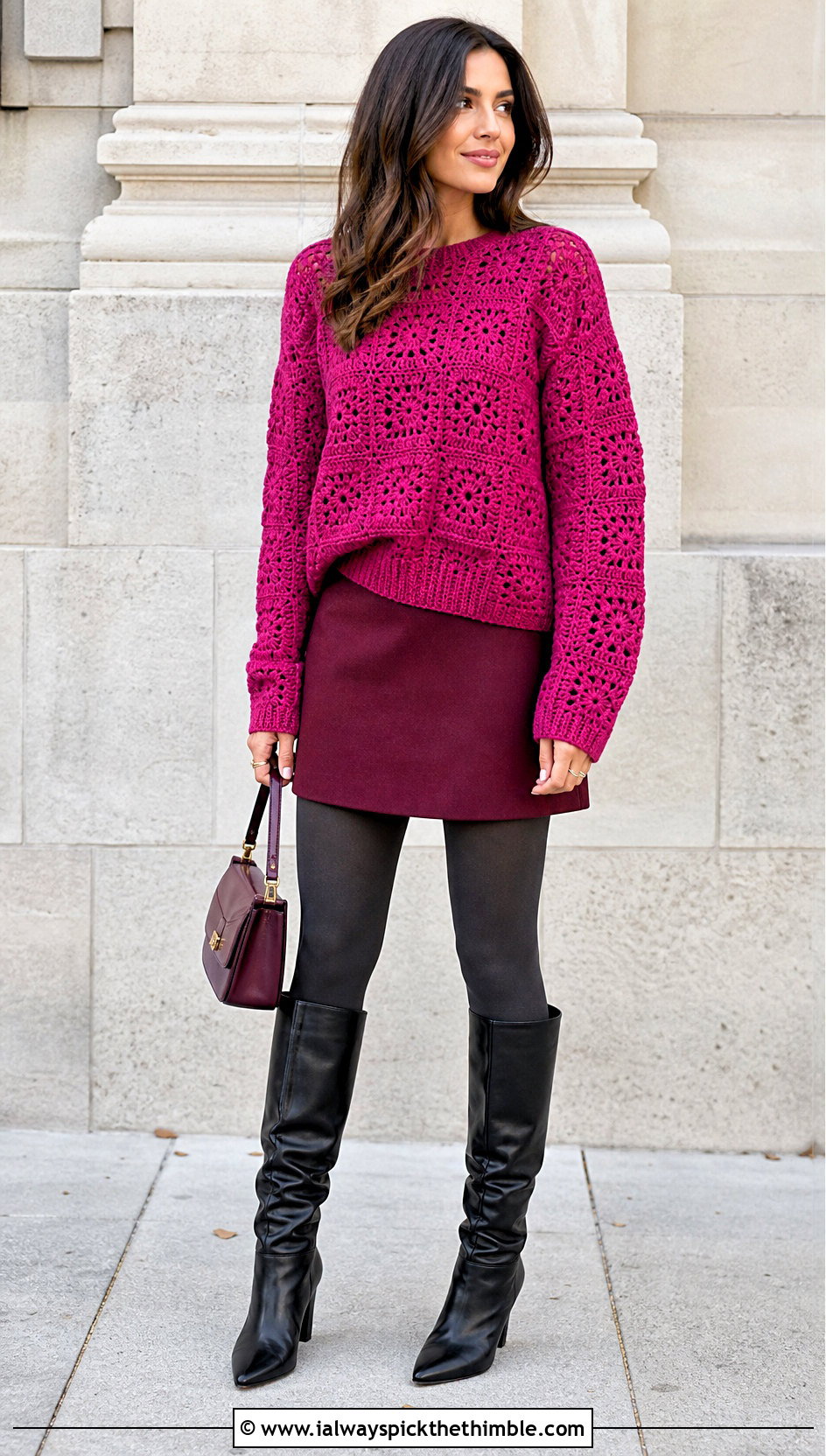 Monochrome Granny Square Pullover With Mini Skirt And Tights - 20 crochet granny square pullover sweater outfit ideas