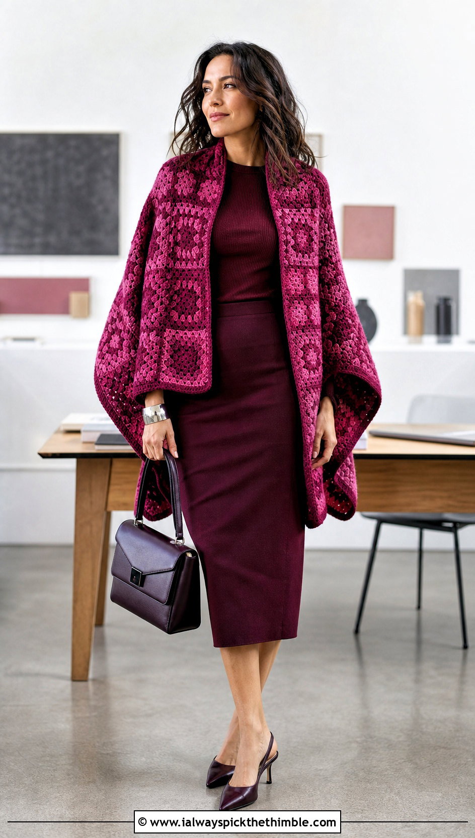 Monochrome Granny Square Ruana With Pencil Skirt - 20 Granny Square Ruana outfit ideas