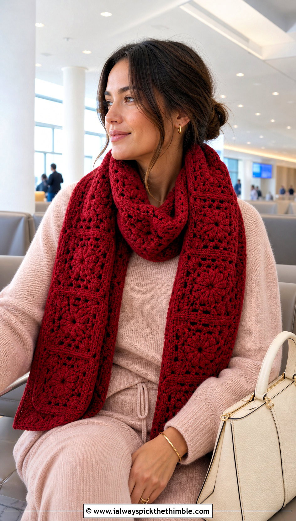 Monochrome Granny Square Scarf With Matching Knit Set - 20 granny square scarves outfit ideas