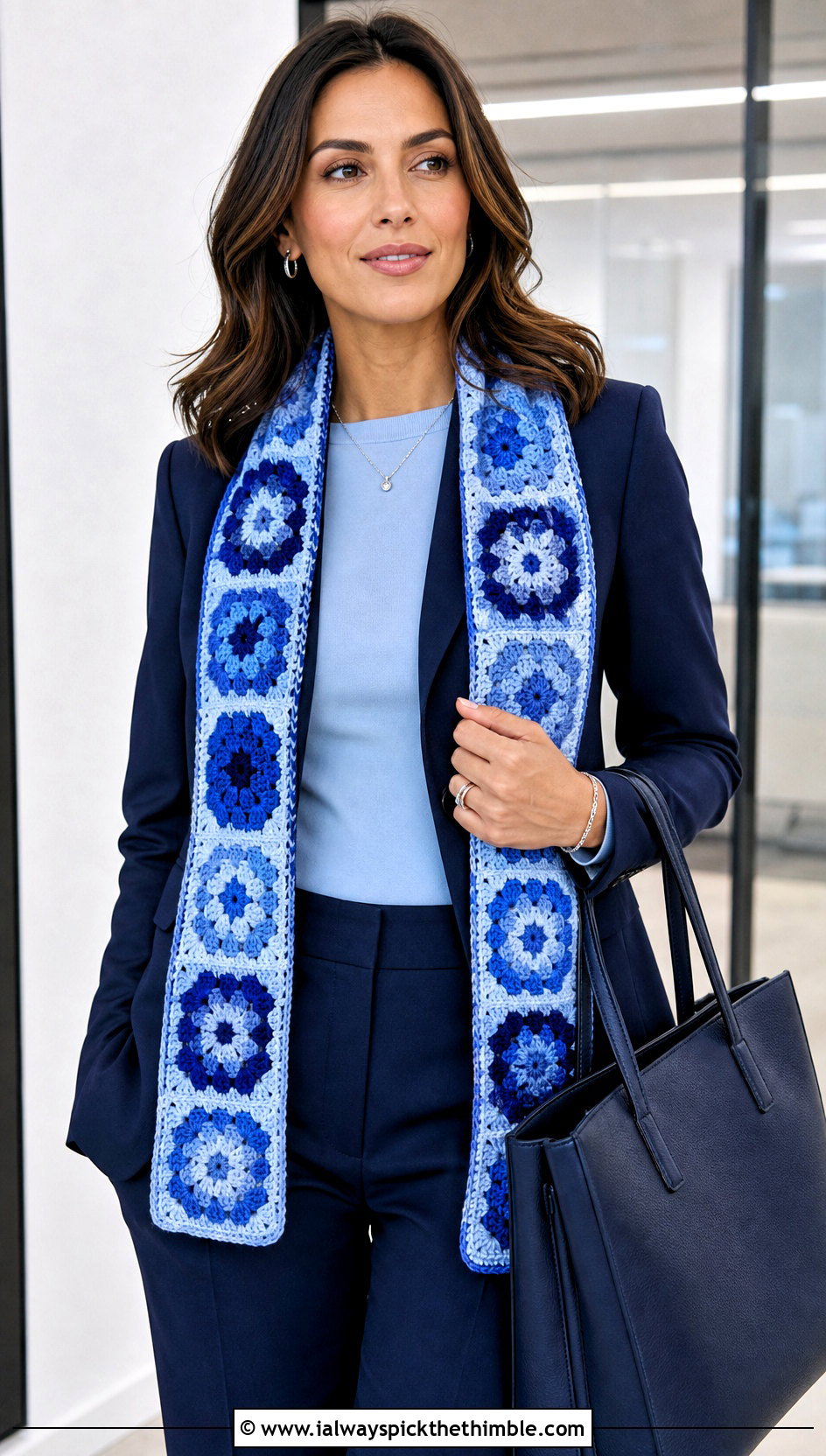 Monochrome Granny Square Scarf With Matching Suit And Loafers - 20 crochet granny square scarf outfit ideas