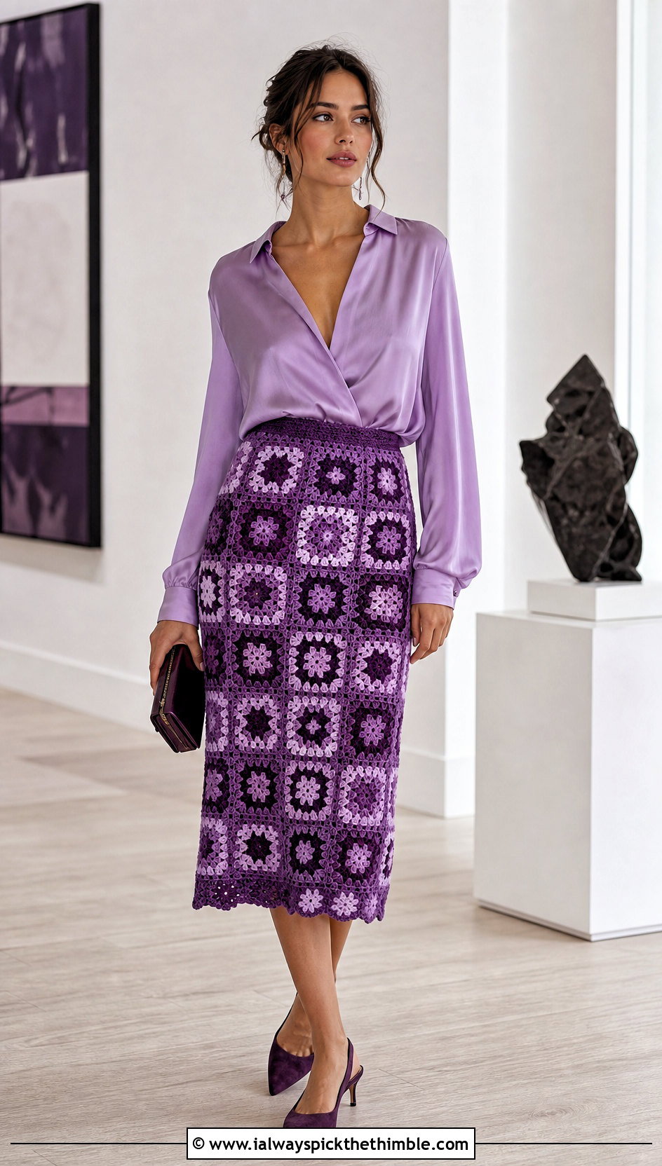 Monochrome Granny Square Skirt With Satin Blouse - 25 granny square skirt outfit ideas