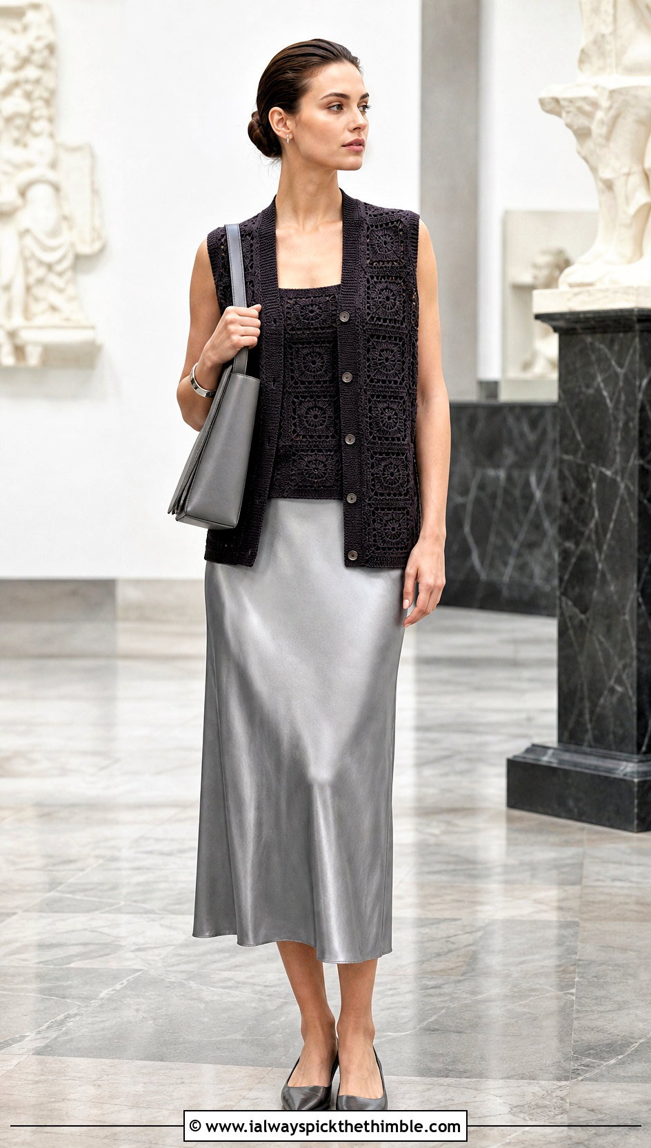 Monochrome Granny Square Sleeveless Cardigan With Satin Midi Skirt - 20 granny square sleeveless cardigan outfit ideas
