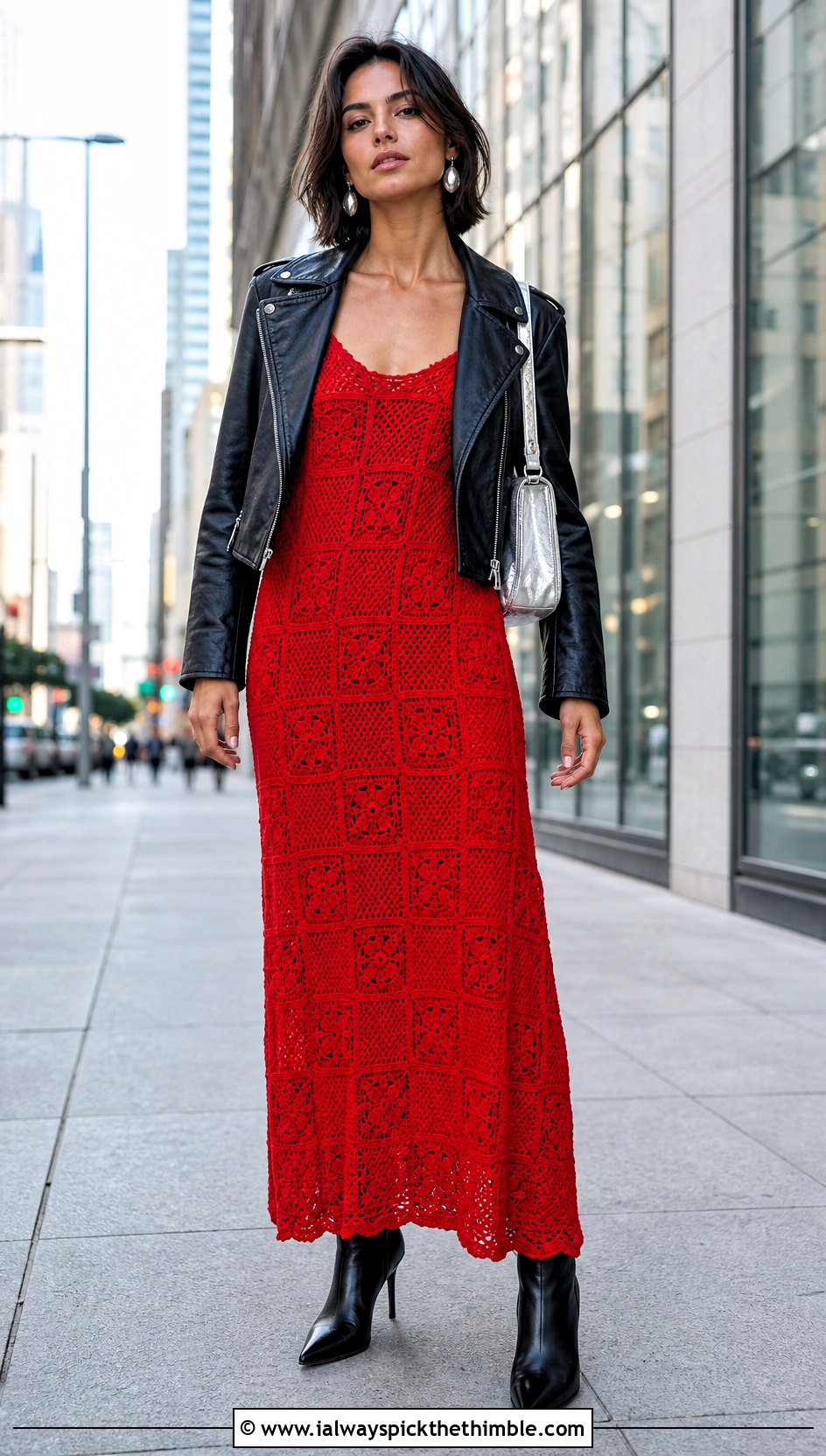 Monochrome Granny Square Slip Dress With Moto Jacket - 20 Granny Square Crochet Dress outfit ideas