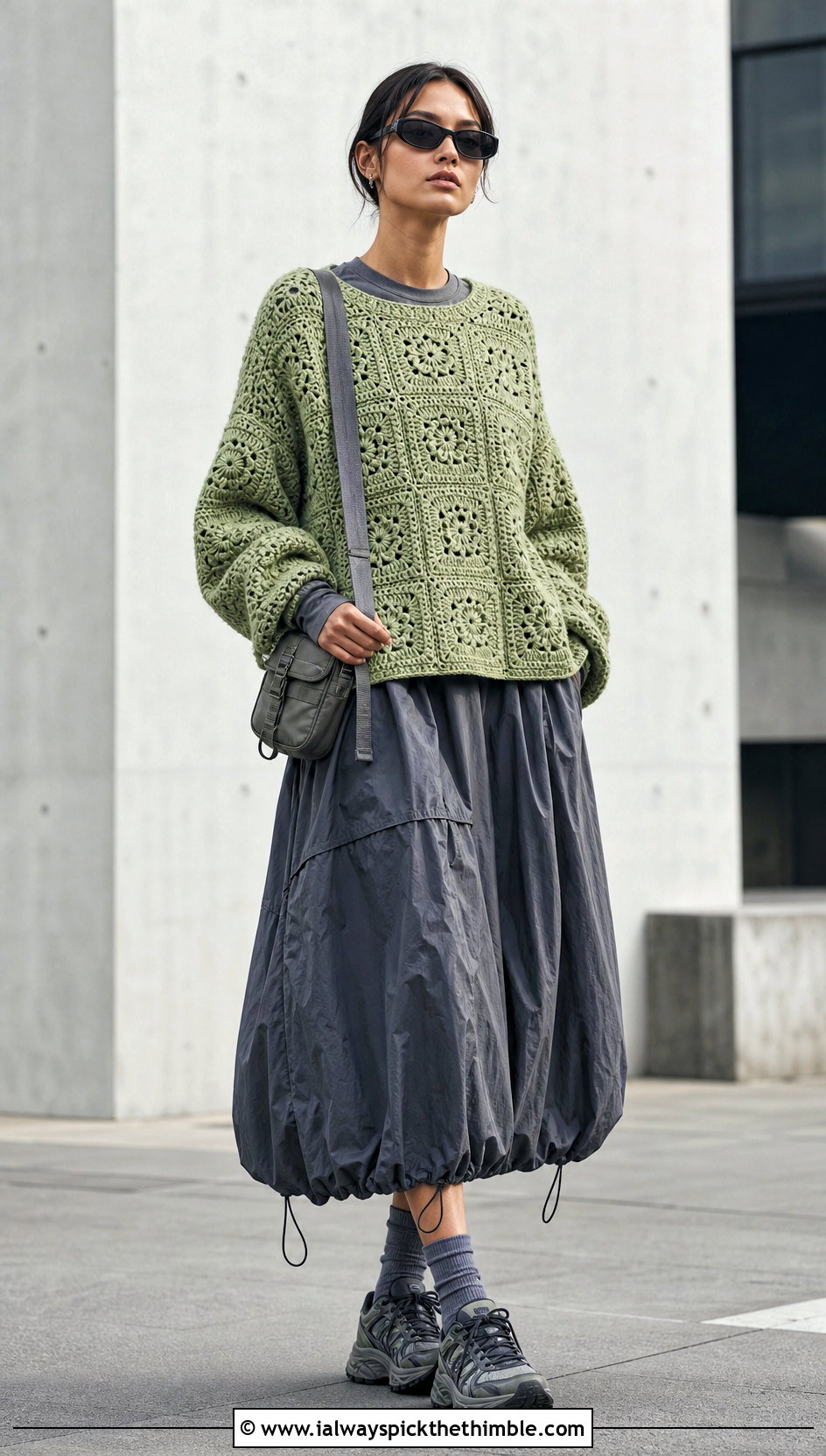 Monochrome Granny Square Sweater With Parachute Skirt - 20 oversized granny square sweater outfit ideas