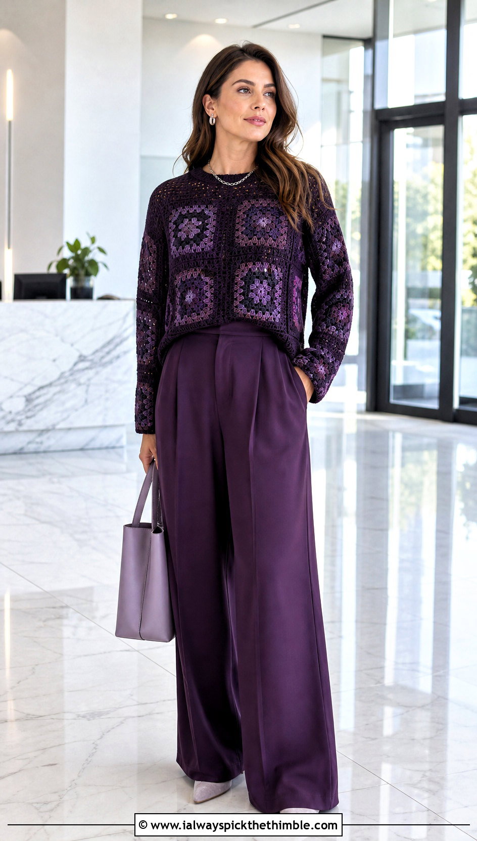 Monochrome Granny Square Sweater With Pleated Trousers - 25 crochet granny square sweater outfit ideas