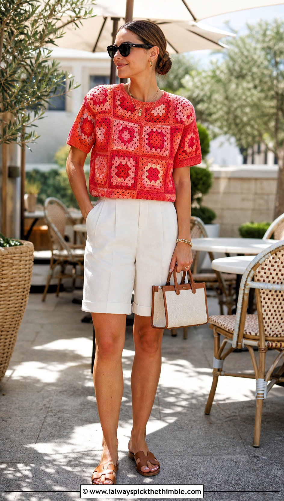 Monochrome Granny Square Sweater With Tailored Shorts - 25 granny square sweater outfit ideas