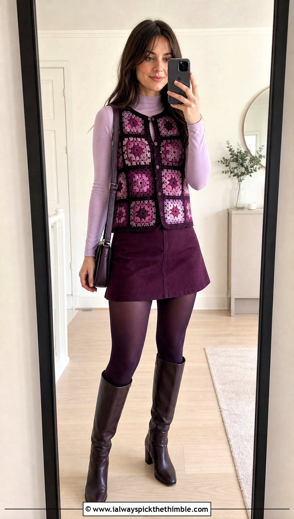 Monochrome Granny Square Vest With a Mini Skirt - 20 Granny Squares Vest outfit ideas
