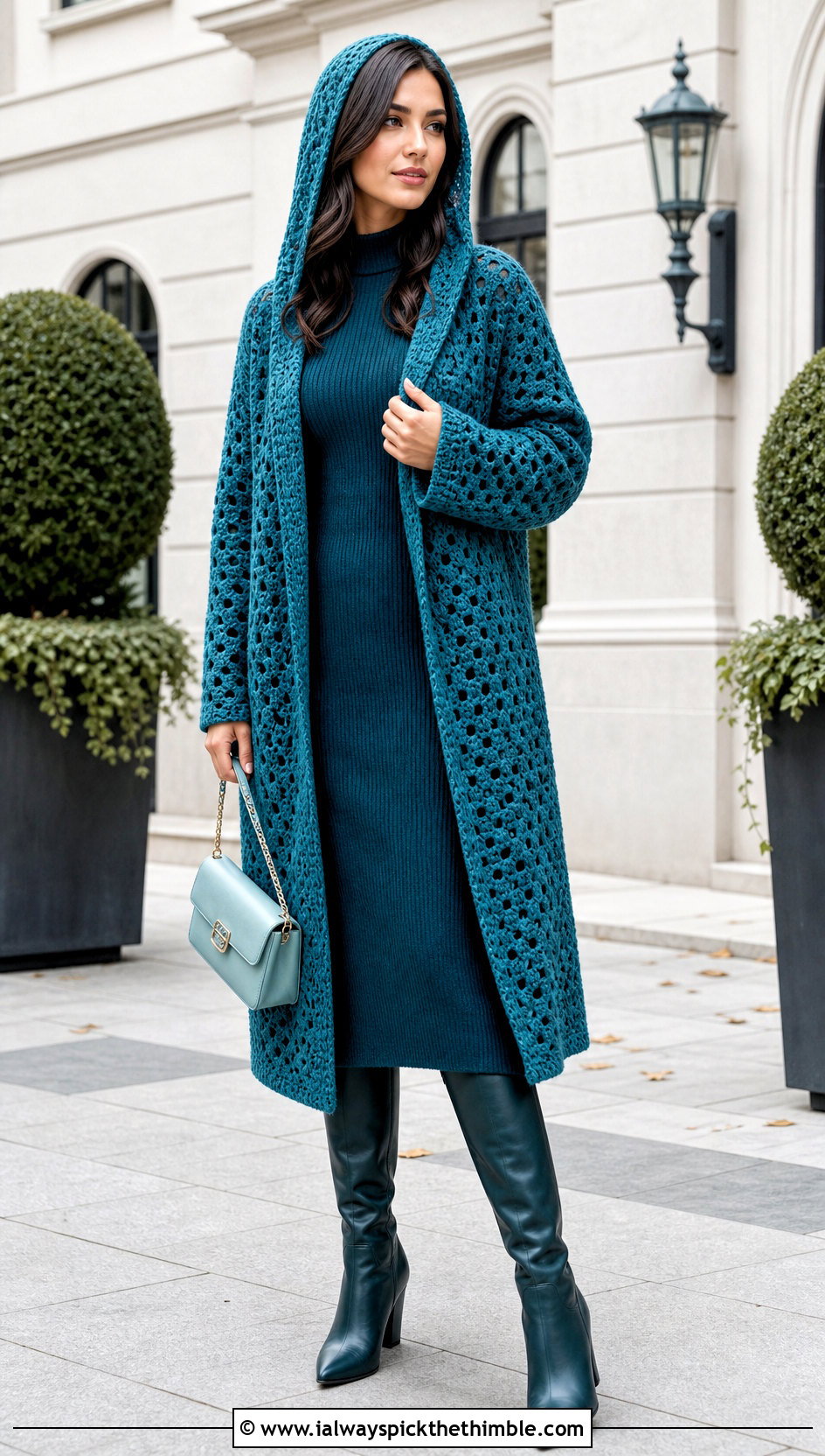 Monochrome Hooded Hexagon Cardigan With Knit Dress - 20 Crochet Hexagon Cardigan With Hood outfit ideas