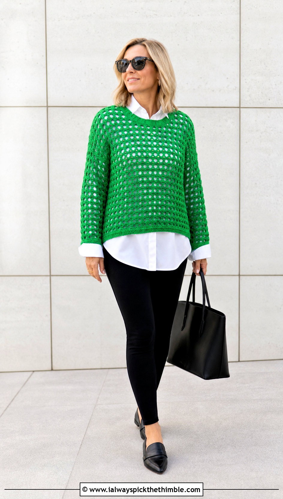 Monochrome Mesh Pixie Crochet Sweater With White Shirt And Leggings - 20 Pixie Crochet Sweater outfit ideas