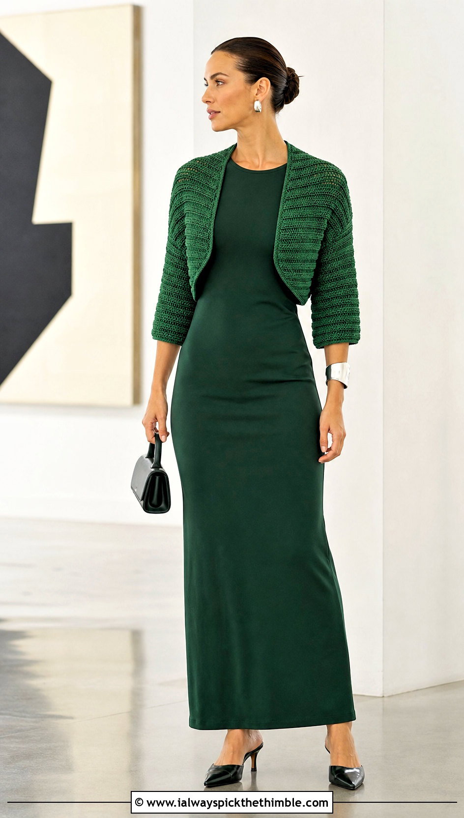 Monochrome Silva Crochet Shrug With Column Dress - 15 silva crochet shrug outfit ideas