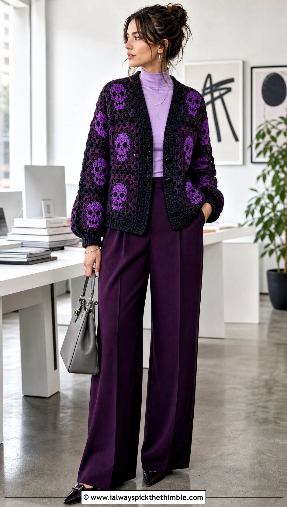 Monochrome Skull Granny Square Cardigan With Wide Leg Trousers - 20 skull granny square cardigan outfit ideas