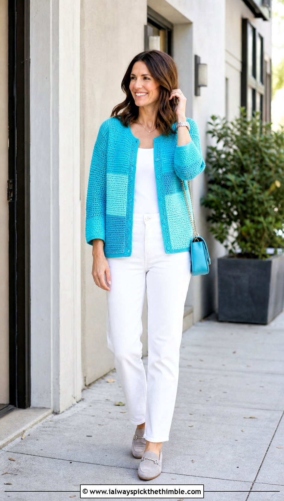 Monochrome Solid Stitch Square Patch Cardigan With White Jeans - 20 Square Patch Crochet Cardigan outfit ideas