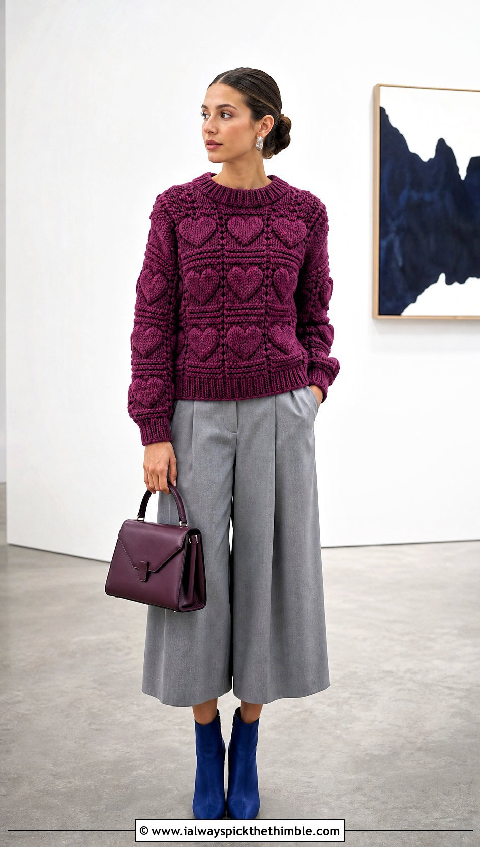 Monochrome Textured Crochet Heart Sweater With Culottes - 25 crochet heart sweater outfit ideas