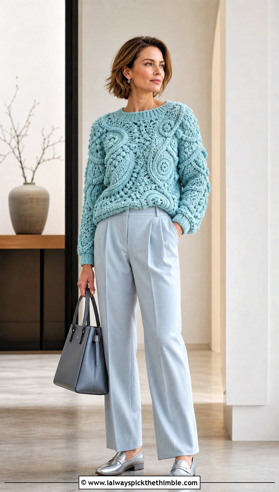 Monochrome Textured Freeform Crochet Sweater With Pleated Trousers - 20 freeform crochet sweater outfit ideas