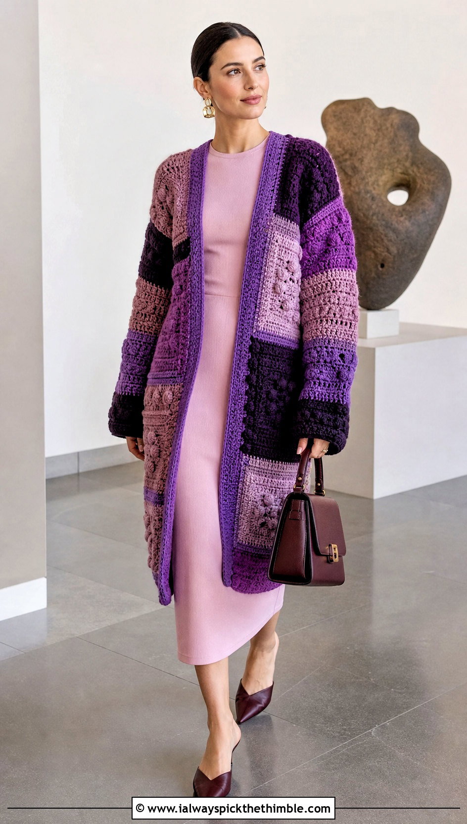 Monochrome Textured Patchwork Cardigan With Column Dress - 15 harry styles patchwork crochet cardigan outfit ideas