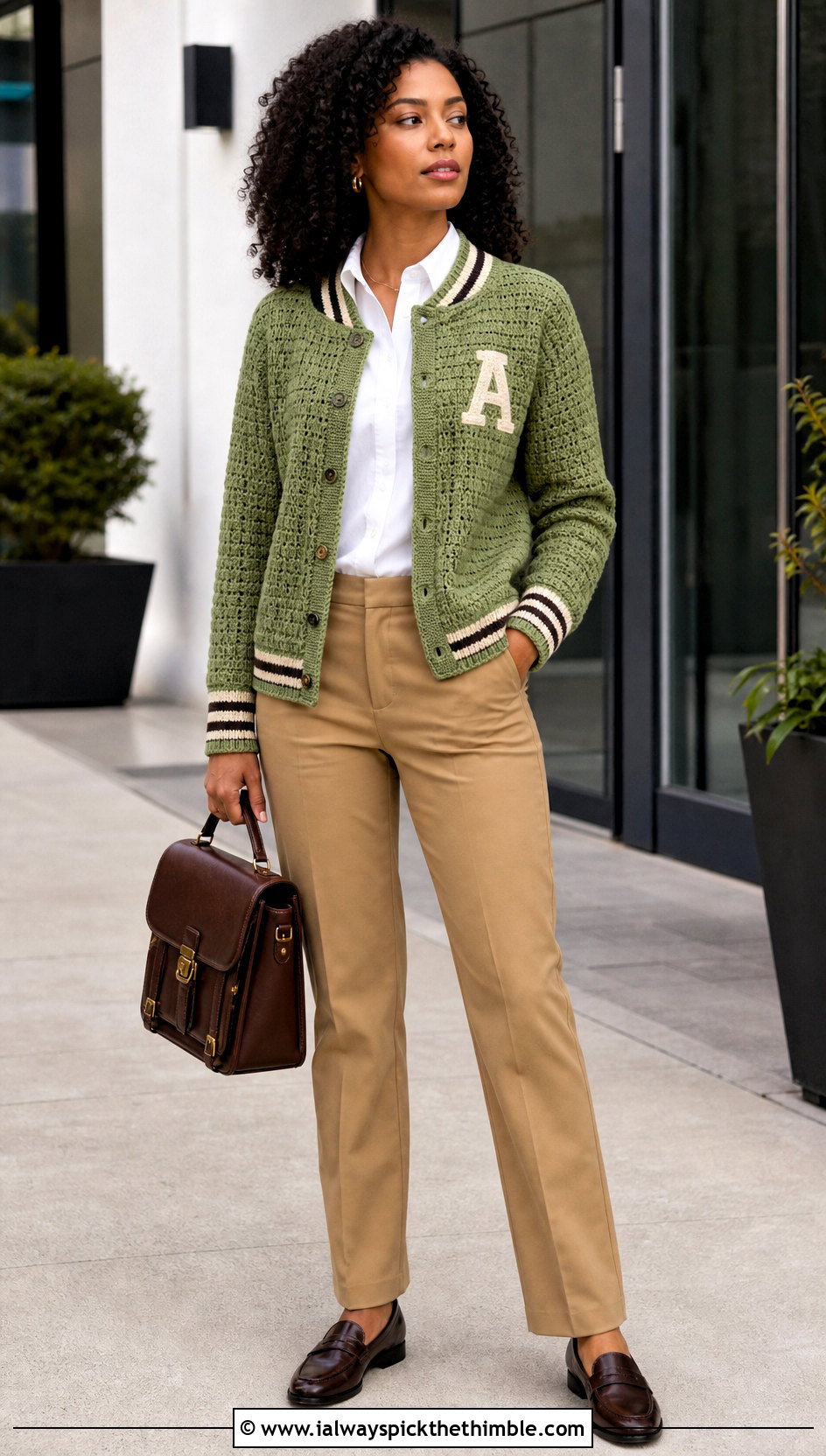 Monogram Crochet Varsity Jacket With Chino Pants - 25 crochet varsity jacket outfit ideas