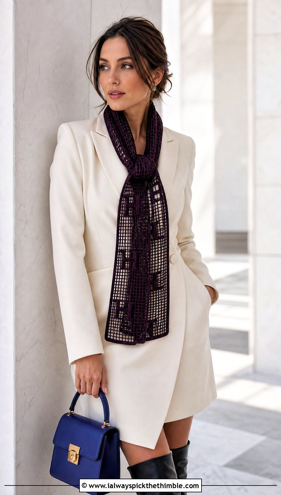 Monogram Filet Crochet Scarf With A Blazer Dress - 25 filet crochet scarf outfit ideas
