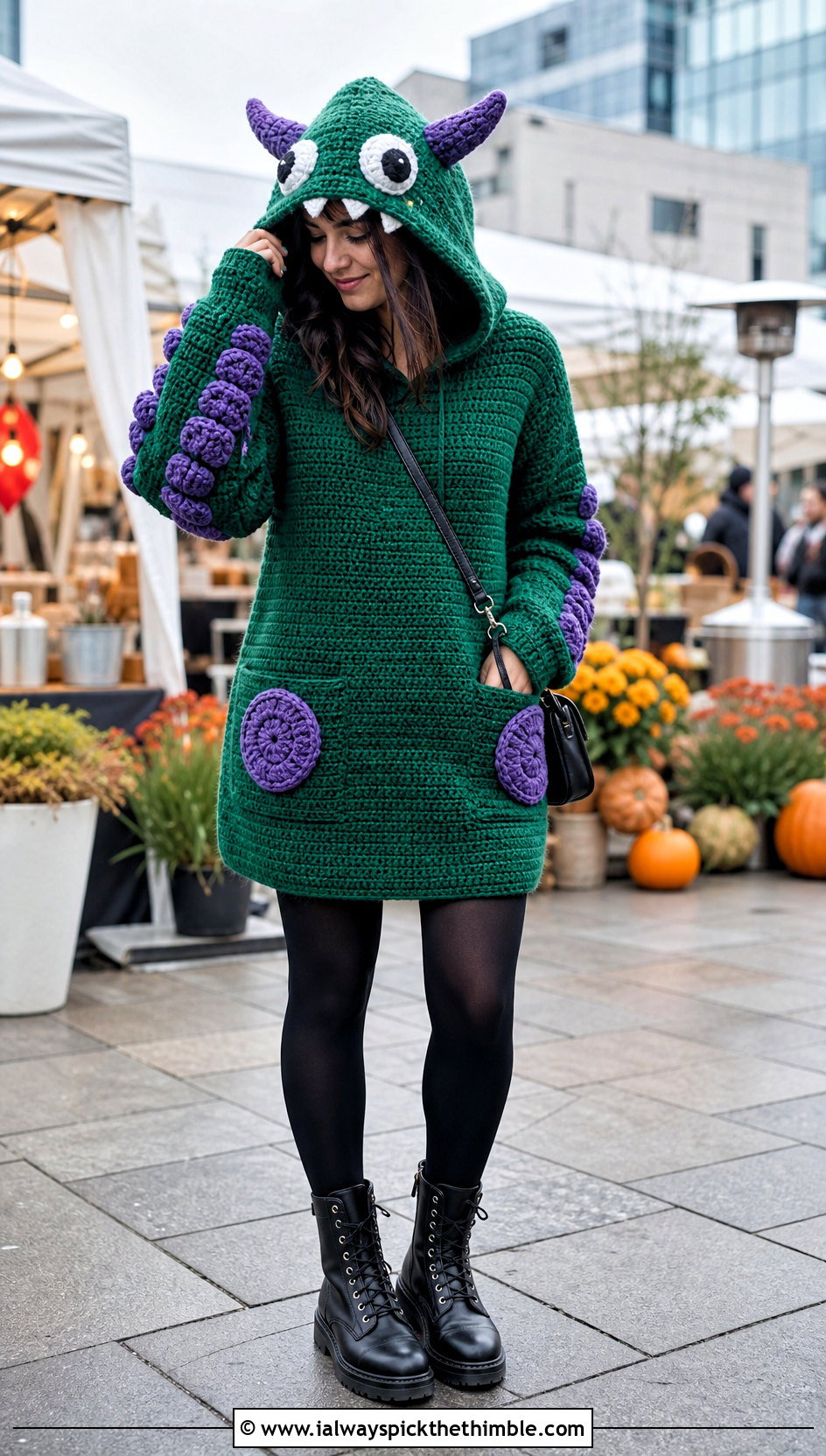 Monster Crochet Hoodie Dress With Combat Boots - 20 Funny Crochet Clothes and outfit ideas