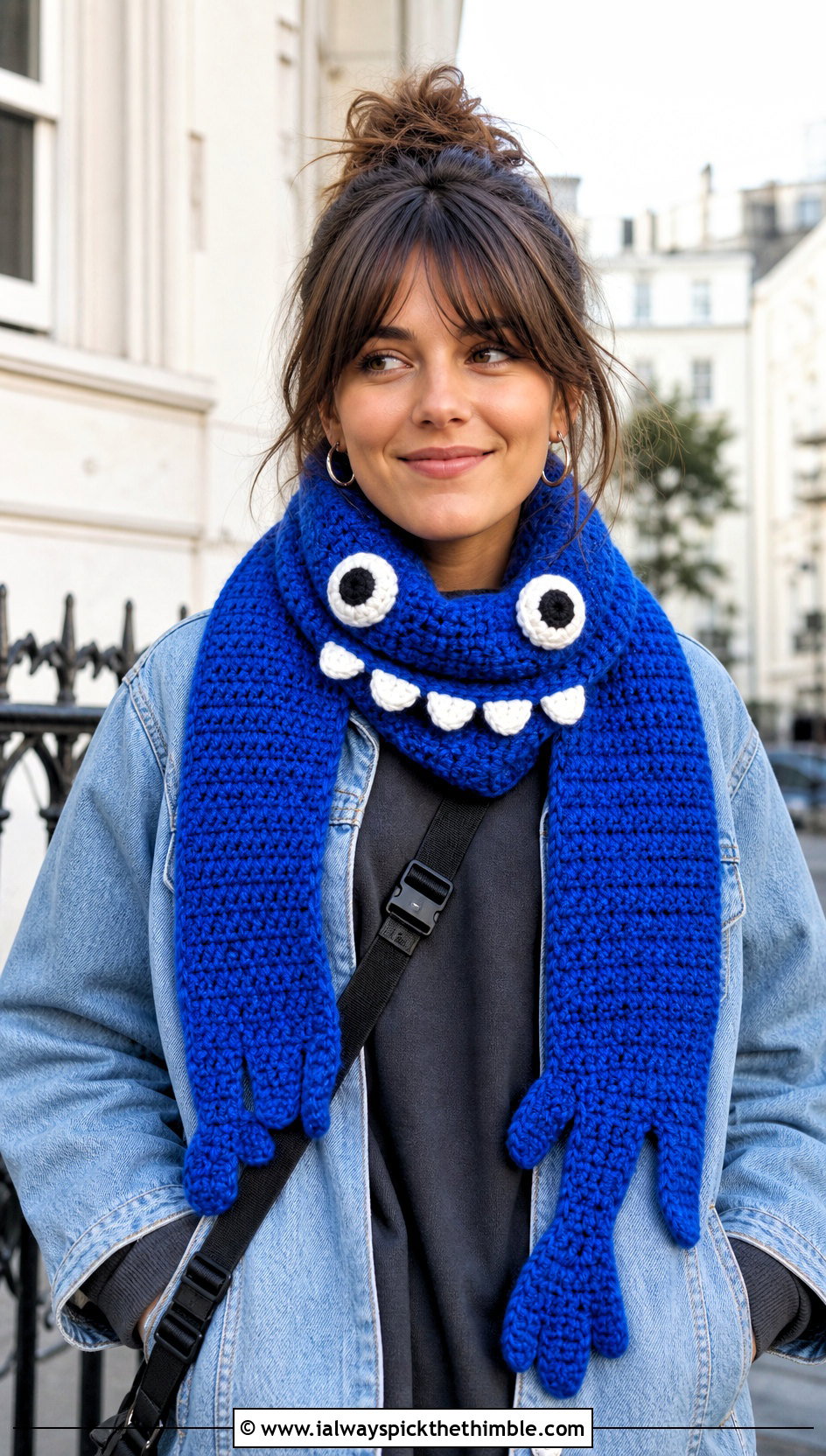 Monster Crochet Scarf With Streetwear Outfit - 15 Funny Crochet Scarves outfit ideas