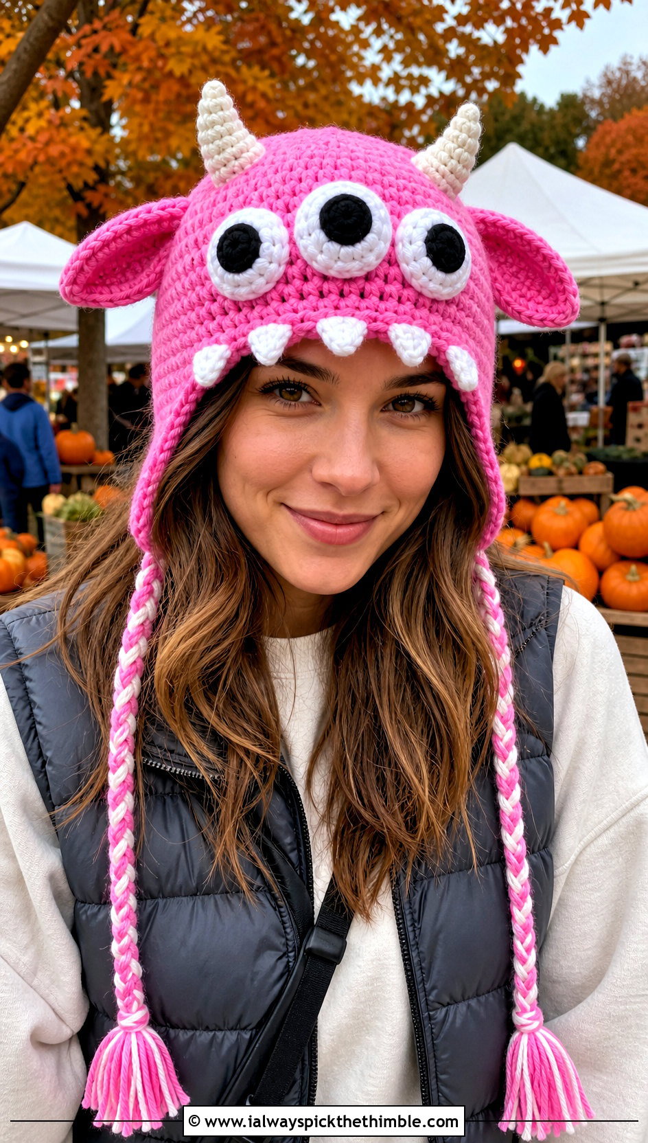 Monster Earflap Crochet Hat With A Puffer Vest - 20 crochet funny hats outfit ideas
