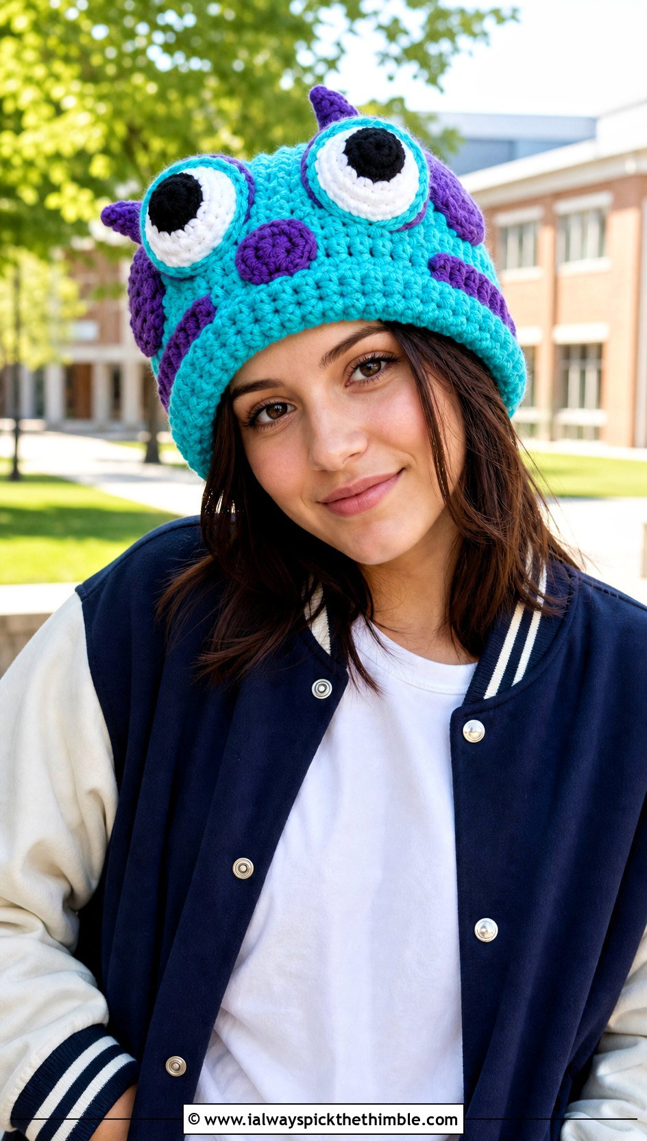 Monster Eye Chunky Crochet Beanie With Varsity Jacket - 20 Halloween Crochet Beanies outfit ideas