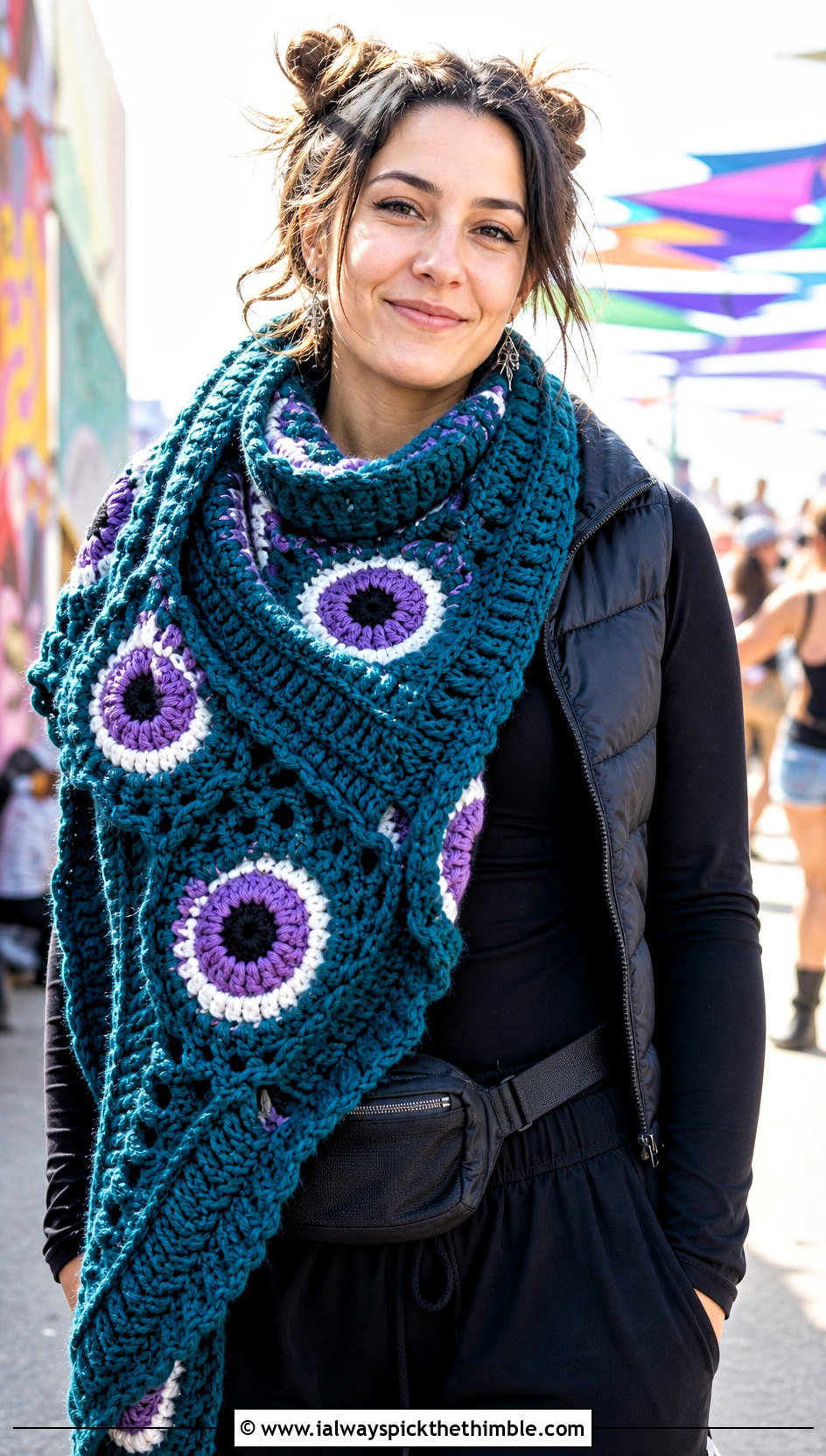 Monster Eye Chunky Crochet Wrap With Puffer Vest - 20 halloween crochet shawl outfit ideas