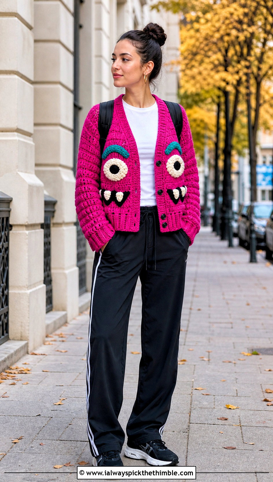 Monster Face Crochet Cardigan With Track Pants - 20 Crochet Halloween Clothes and outfit ideas