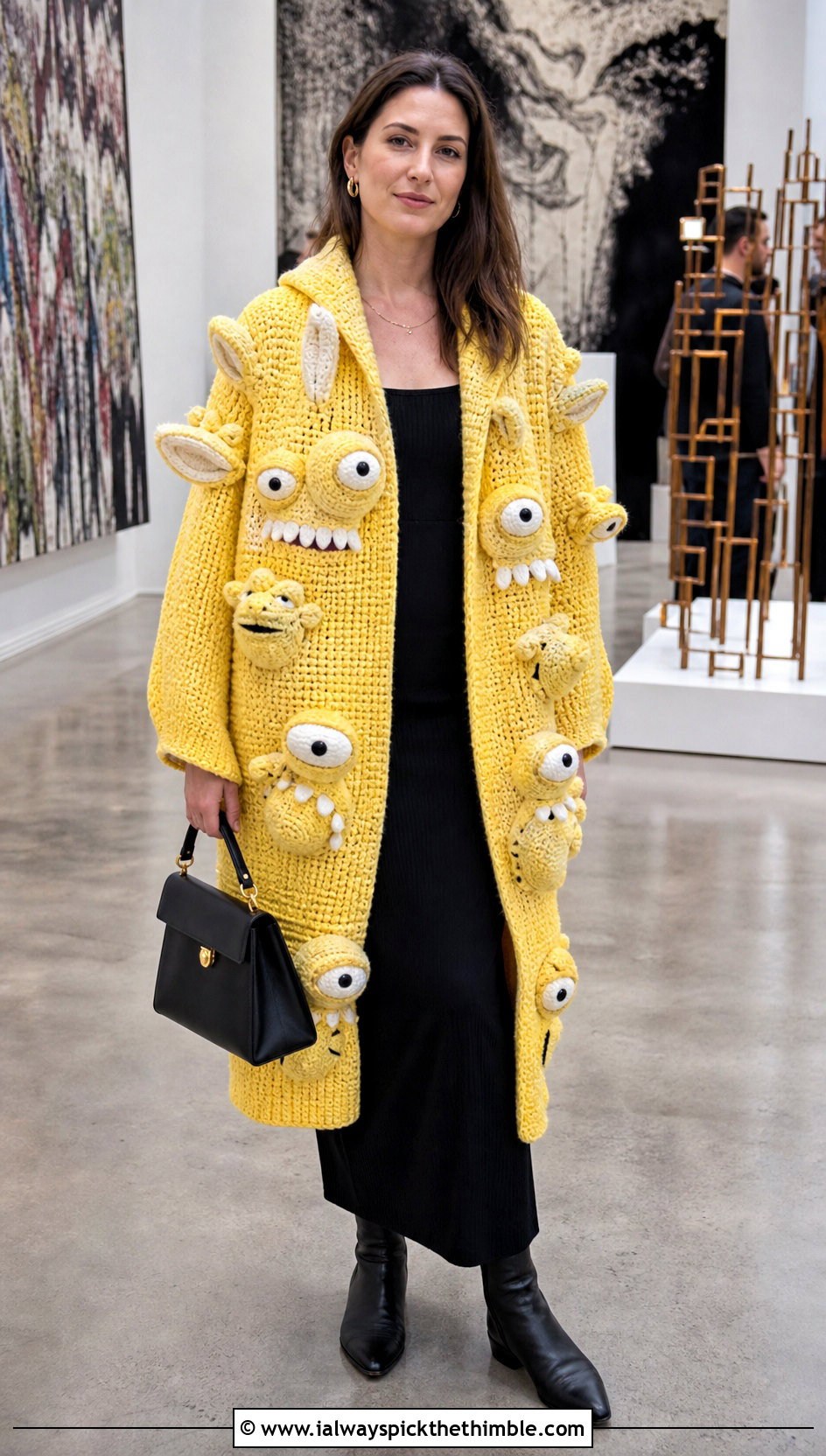 Monster Face Crochet Coat With Column Dress - 20 weird crochet clothes and outfit ideas