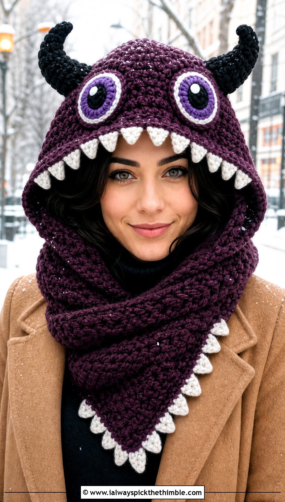 Monster Hooded Crochet Scarf With Winter Layers - 15 Funny Crochet Scarf outfit ideas